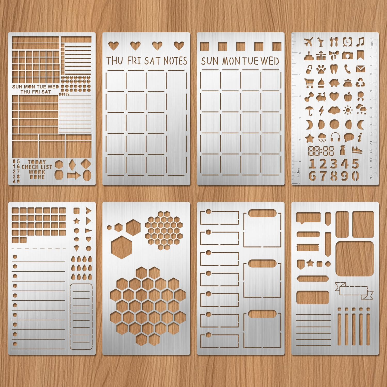 Eageus 8 Pcs Metal Stencils Wood Burning Stencil Lettering Stencils for Journaling, Reusable Painting Template for Wood Carving Drawing Engraving Journal Craft DIY(Journal Style)