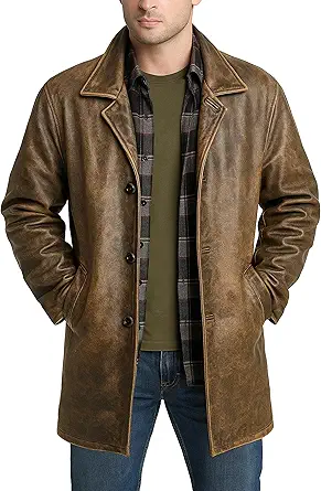 LP-FACON Men's 3/4 Mid Length Genuine Leather Trench Coat - Vintage Leather Blazer Jacket Car Coat