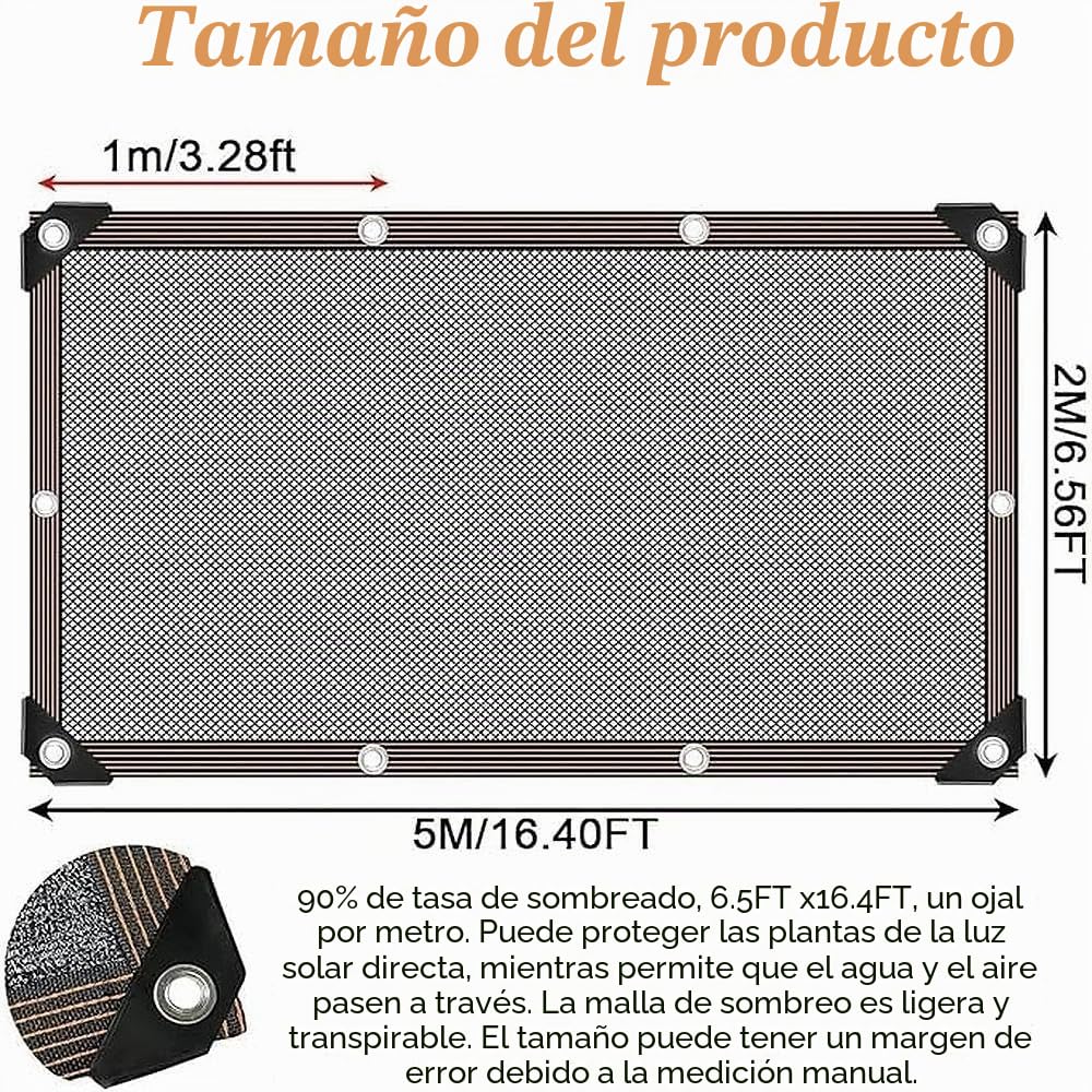 Red de sombreado 4 x 4 m, protección solar con ojales, tejido de protección visual 90% efecto sombreado, para invernadero y jardín