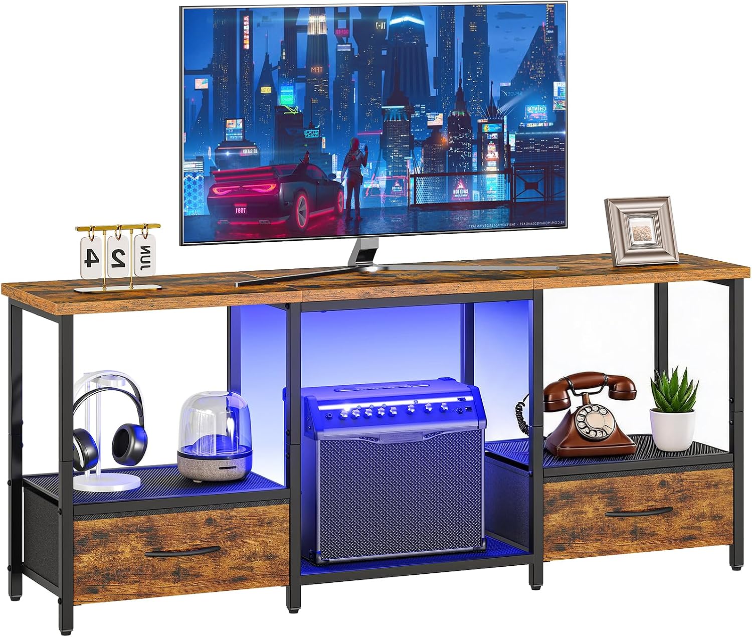 HOOBRO LED TV Stand with Storage, LED Entertainment Center with Open Shelves and Drawer, Fits TVs up to 55", Television Stand for Living Room, Bedroom, Rustic Brown and Black BF123DDS01G1
