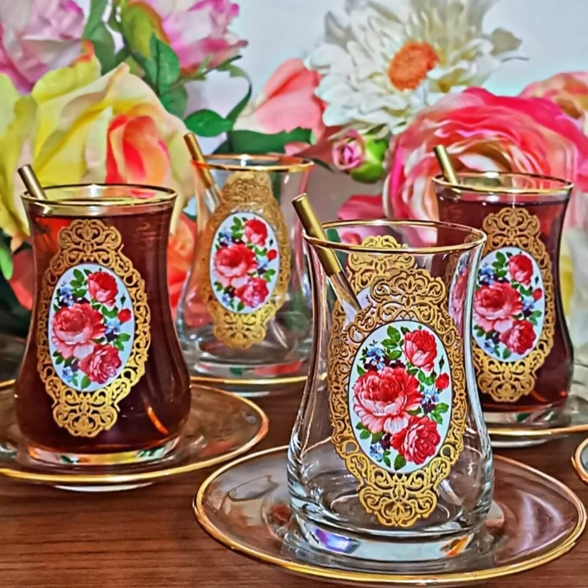 Handcrafted Turkish Tea Glasses with Saucers, Old Fashioned Turkish Tea Cups, Vintage Tea Glass Set of 6, Women's Party Arabic Fancy Drinkware, Vintage Persian&Moroccan Glass (Golden Rose Patterned)