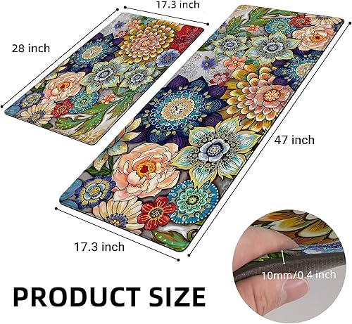 Miniatura 2 de Alfombras de cocina bohemias florales para suelo, 2 piezas de espuma viscoelástica, acolchadas, antifatiga, antideslizantes, acolchadas, cómodas