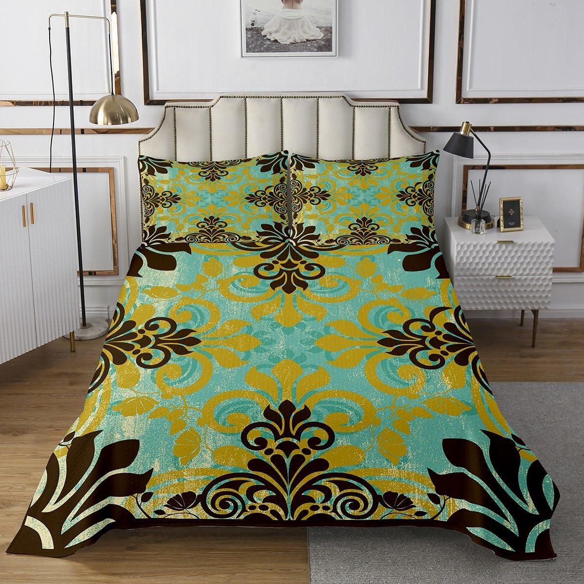 Erosebridal Bohemian Coverlet Set Yellow Black Damask Quilt Set,Exotic Ethnic Flowers Bedspread Set Antique Victorian Baroque King Quilted,Gothic Vintage Floral Mexican Style Room Decor