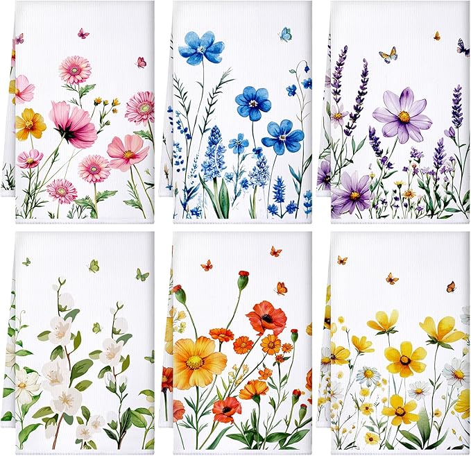 Geyoga 6 Pieces Wildflower Kitchen Towels Absorbent Dish Towels Decorative Tea Washcloth for Spring Summer Kitchen Bathroom Home Decor, 16 x 24 Inch