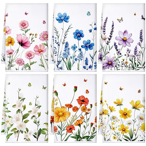 Geyoga 6 Pieces Wildflower Kitchen Towels Absorbent Dish Towels Decorative