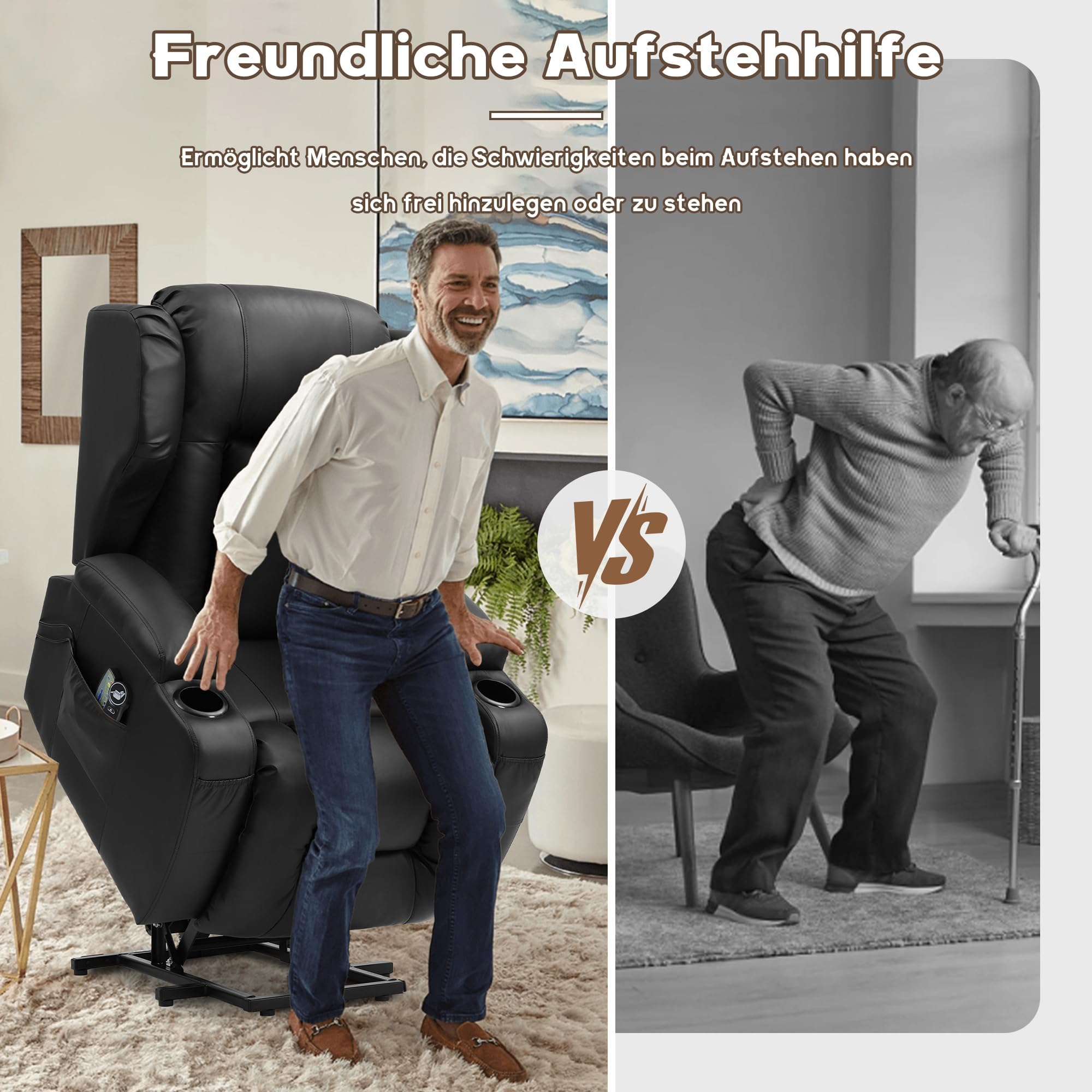 Fernsehsessel mit Aufstehhilfe Elektrisch, Relaxsessel mit Liegefunktion, Massagesessel mit Massage Wärmefunktion Seniorensessel für Senioren, 2 Seitentaschen und Getränkehalters (Schwarz)
