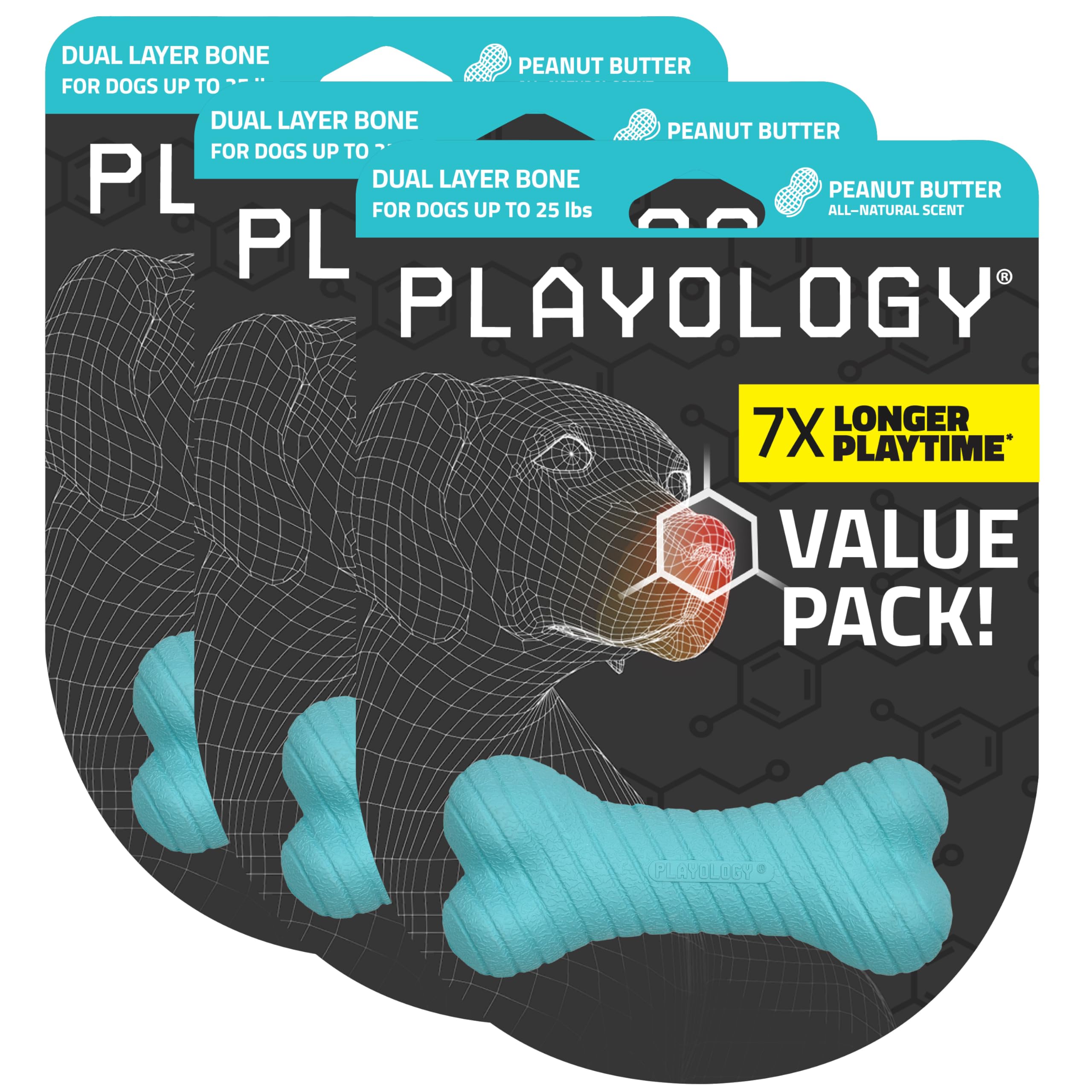 Playology Dog Toys | Dual Layer Bone Durable Chew Toy Bone for Dogs (Value 3-Pack) | Small Peanut Butter Scented Toy - Easy to Clean and Made from Non