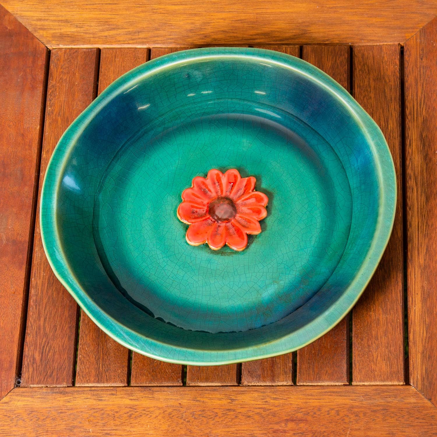 Evergreen Garden Beautiful Summer Ceramic Blue Bee Bath with Red Flower - 12 x 12 x 2 Inches Fade and Weather Resistant Outdoor Decoration for Homes, Yards and Gardens