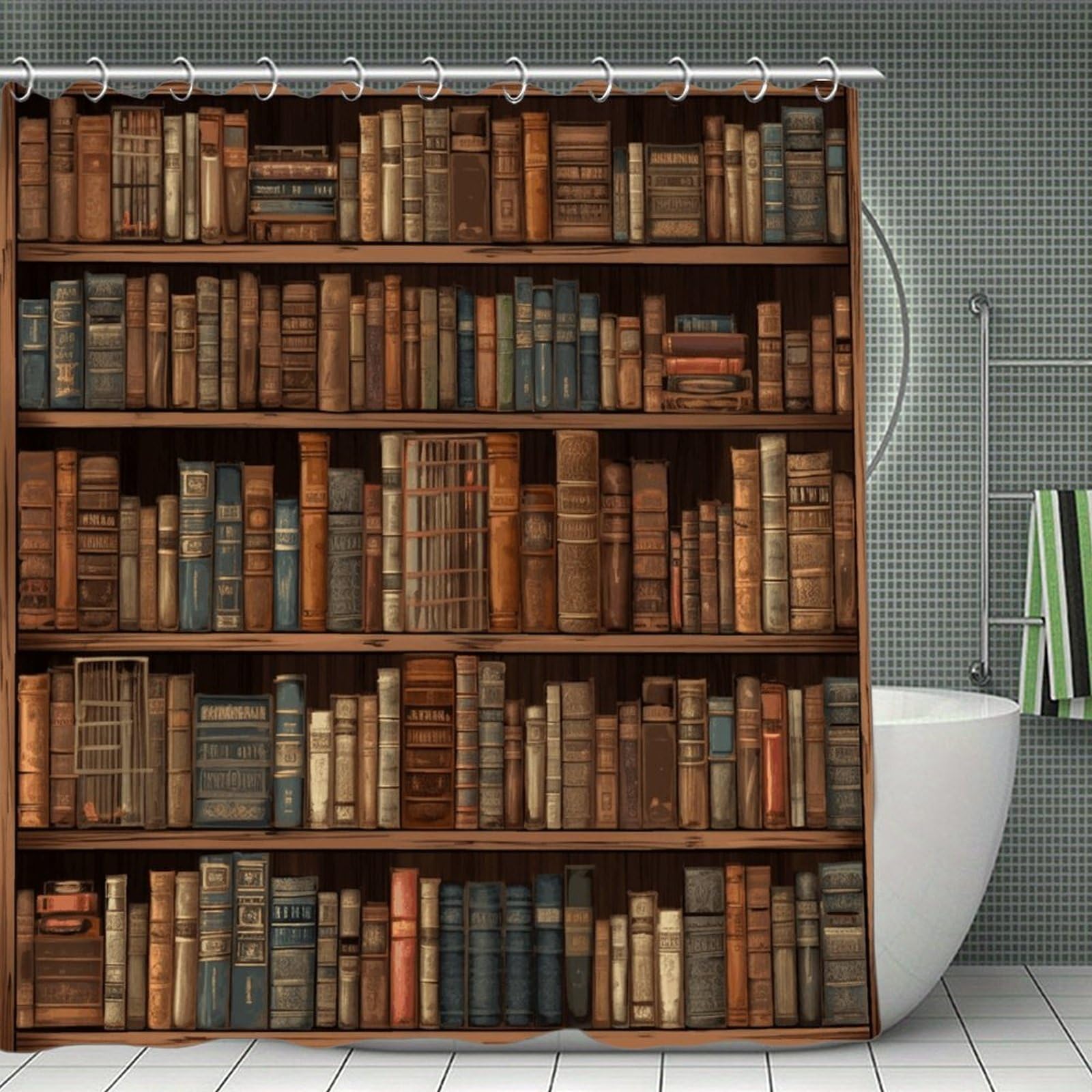 VstaDank Library Bookshelf Book Shower Curtain Waterproof Bathroom Shower Curtain with C Type Hooks Soft Lightweight Shower Curtains Liner Washable Polyester Cloth Shower Liner 71x71 Inch