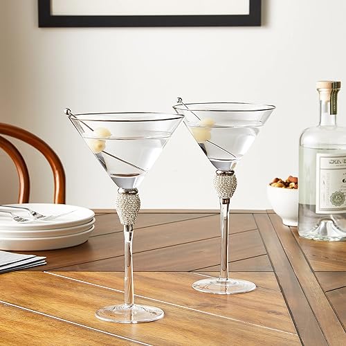 Miniatura 9 de Sister.ly Drinkware, juego de 2 vasos de Martini con diamantes de imitación con borde plateado, vasos de cóctel de 10 onzas y púas de cóctel