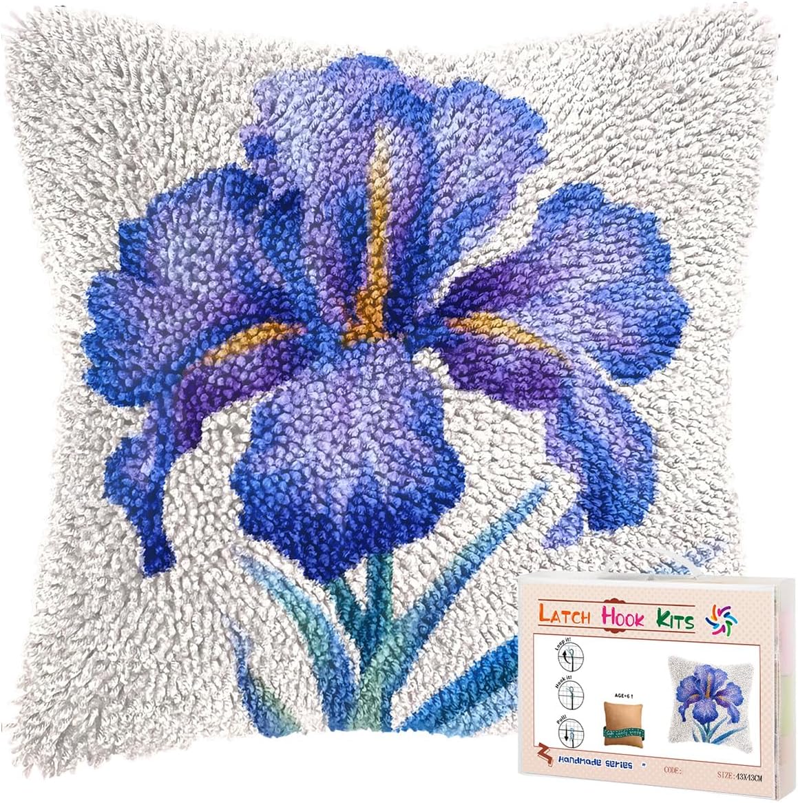 Latch Hook Pillow Kit for Adults Iris Flower with Pattern DIY Crochet Craft Kit Pillowcase Cushion for Home Decor 17x17inch-6