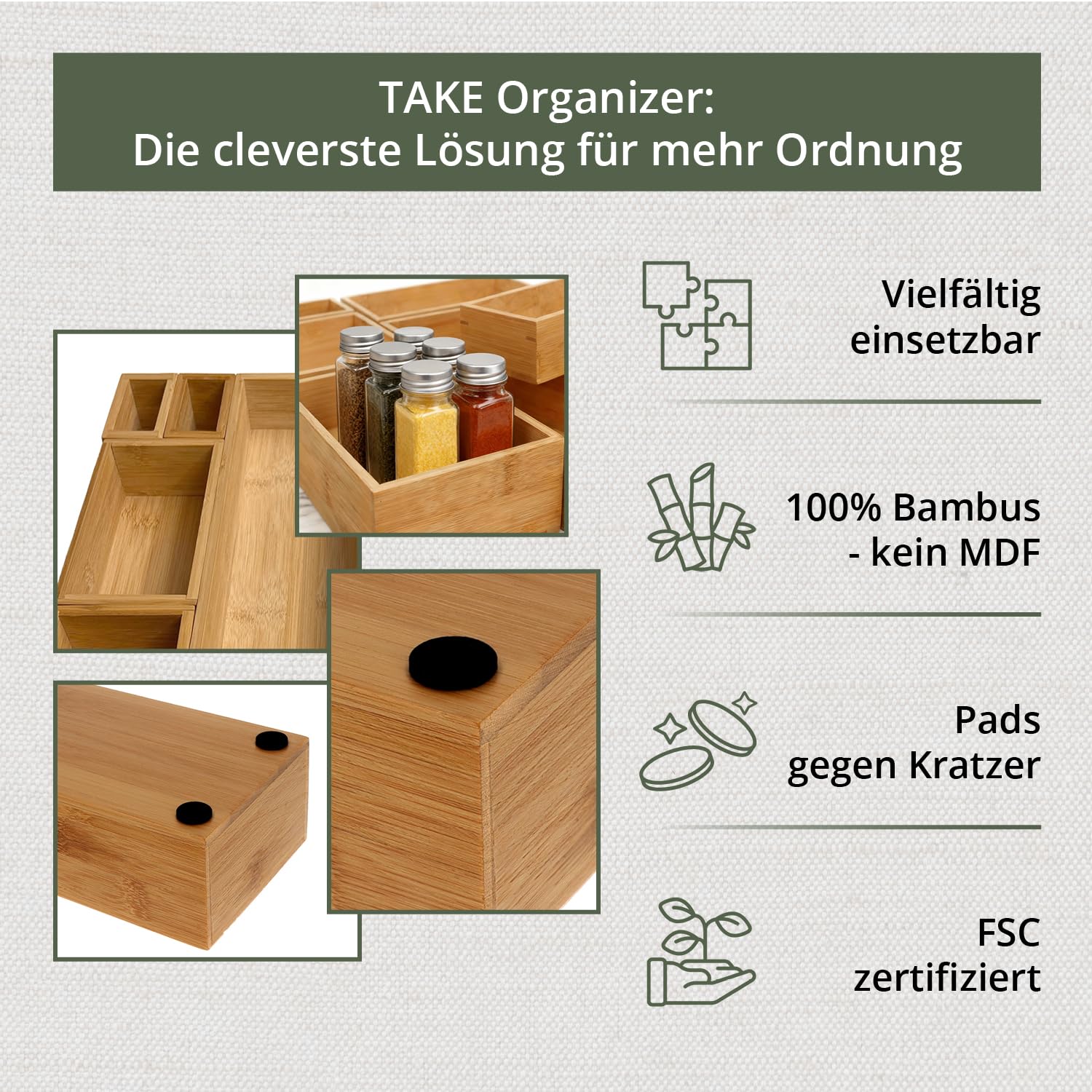 TAKE® 8-teiliges Schubladen Organizer aus 100% Natur Bambus - Boxen in vers. Größen für Küche, Bad & Büro, Schminktisch Organizer Bad, Drawer Organizer