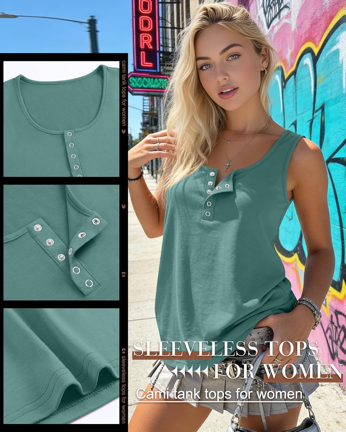 Ficerd 3 Pack Women's Henley Tank Tops Sleeveless Button Down Summer Shirts 2026 Casual Trendy Loose U Neck Tee Blouses - Image 5