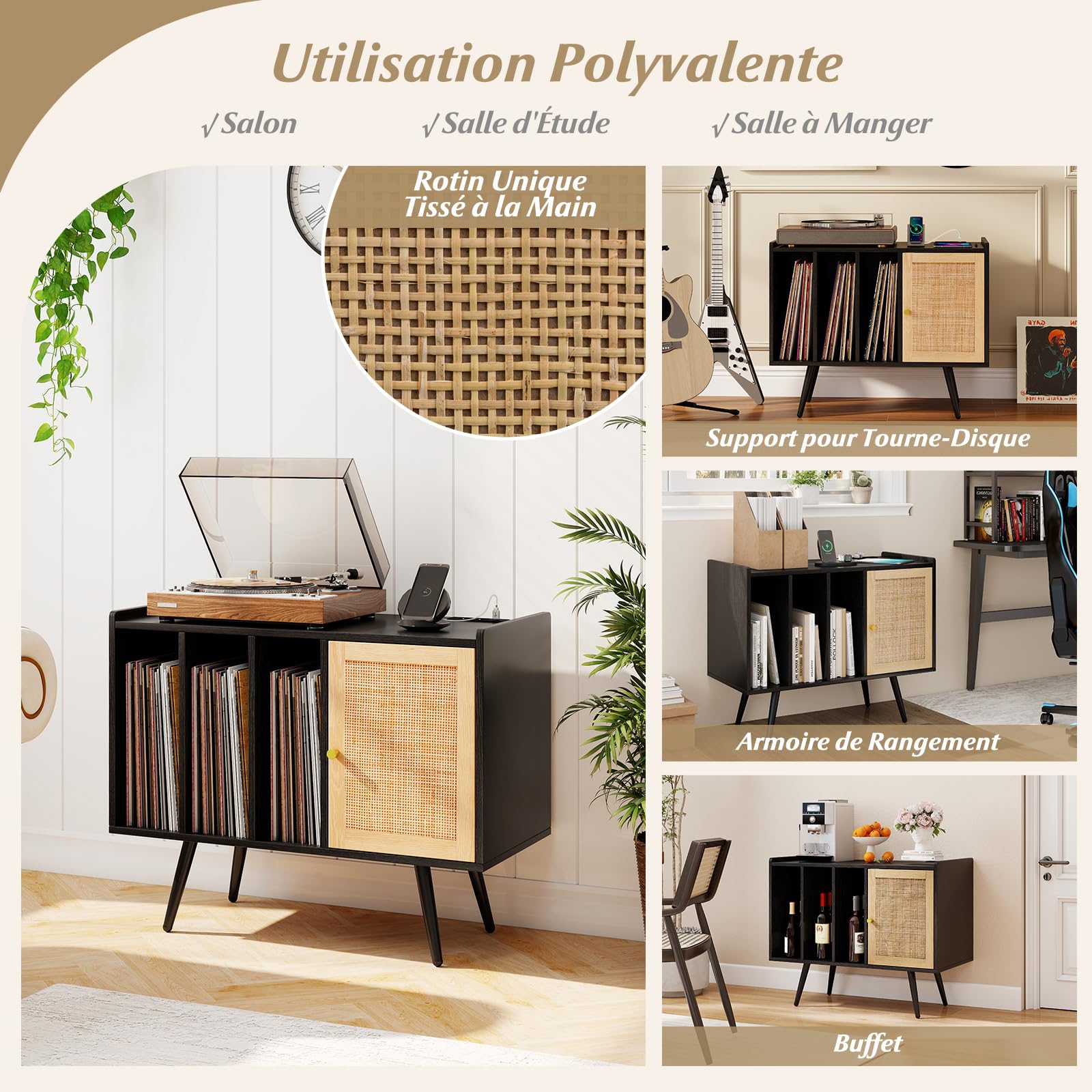 COSTWAY Meuble Vinyle avec Prise, Rangement Vinyle pour 220 Albums, Rangement CD/DVD Manga, Armoire à Porte Cannage,Support pour Tourne-disque, Meuble Hifi pour Salon, Chambre (Noir)