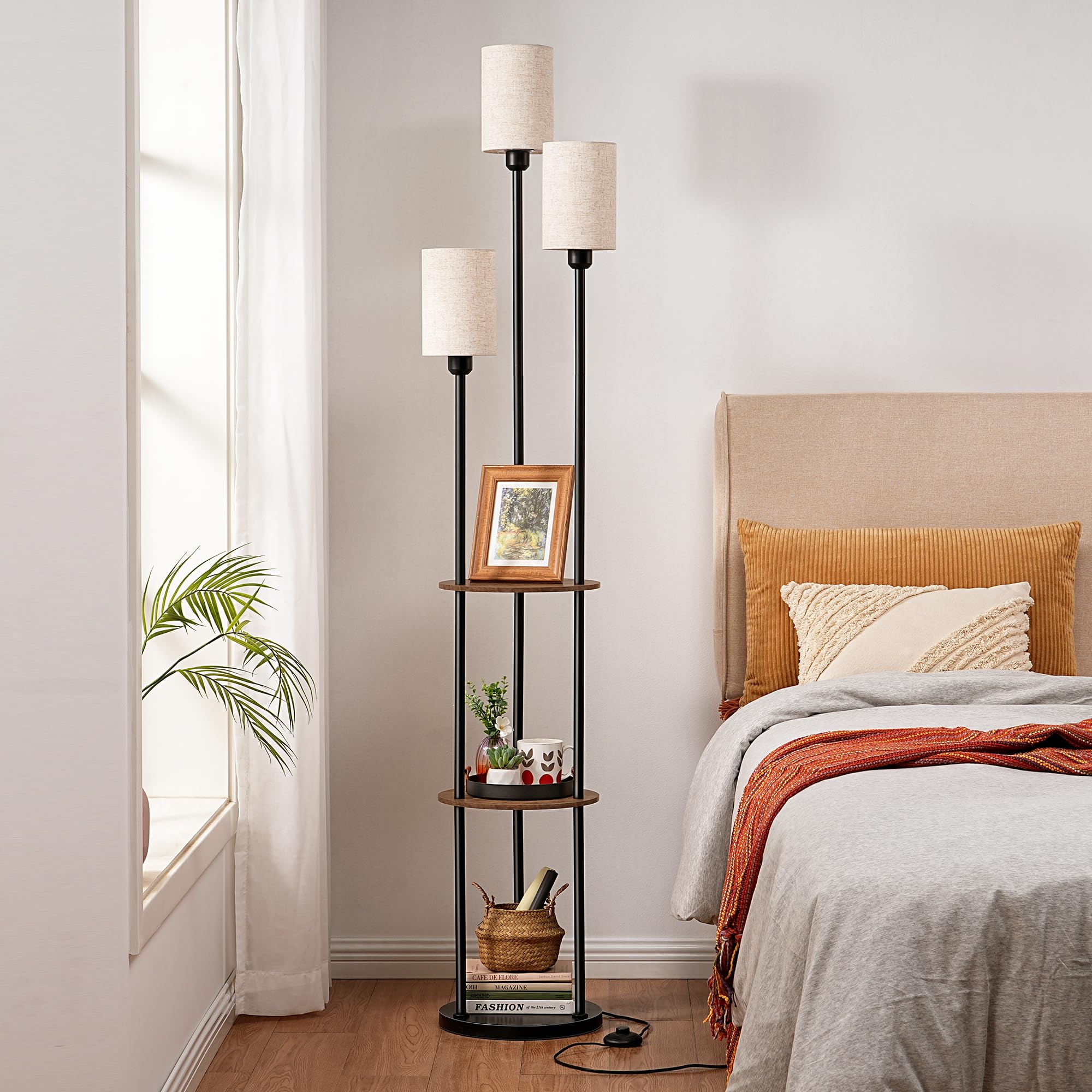 EDISHINE Lampa stojąca do salonu, lampa stojąca LED, 3 lampy, półka i abażur lniany, oprawa E27, w zestawie żarówka, nowoczesna lampa stojąca do sypialni i gabinetu, 178 cm