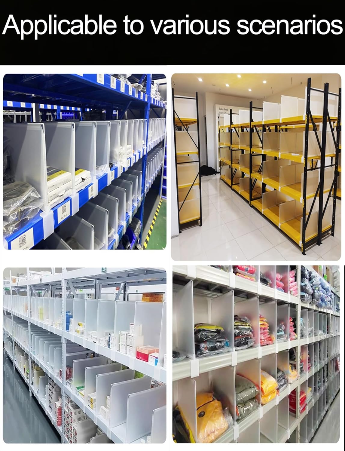 Adjustable Shelf Dividers 4 Pack for Clothing Storage, Bookstore & Warehouse Organization, Plastic Partition Baffle (60x30cm/23.6x11.8in)