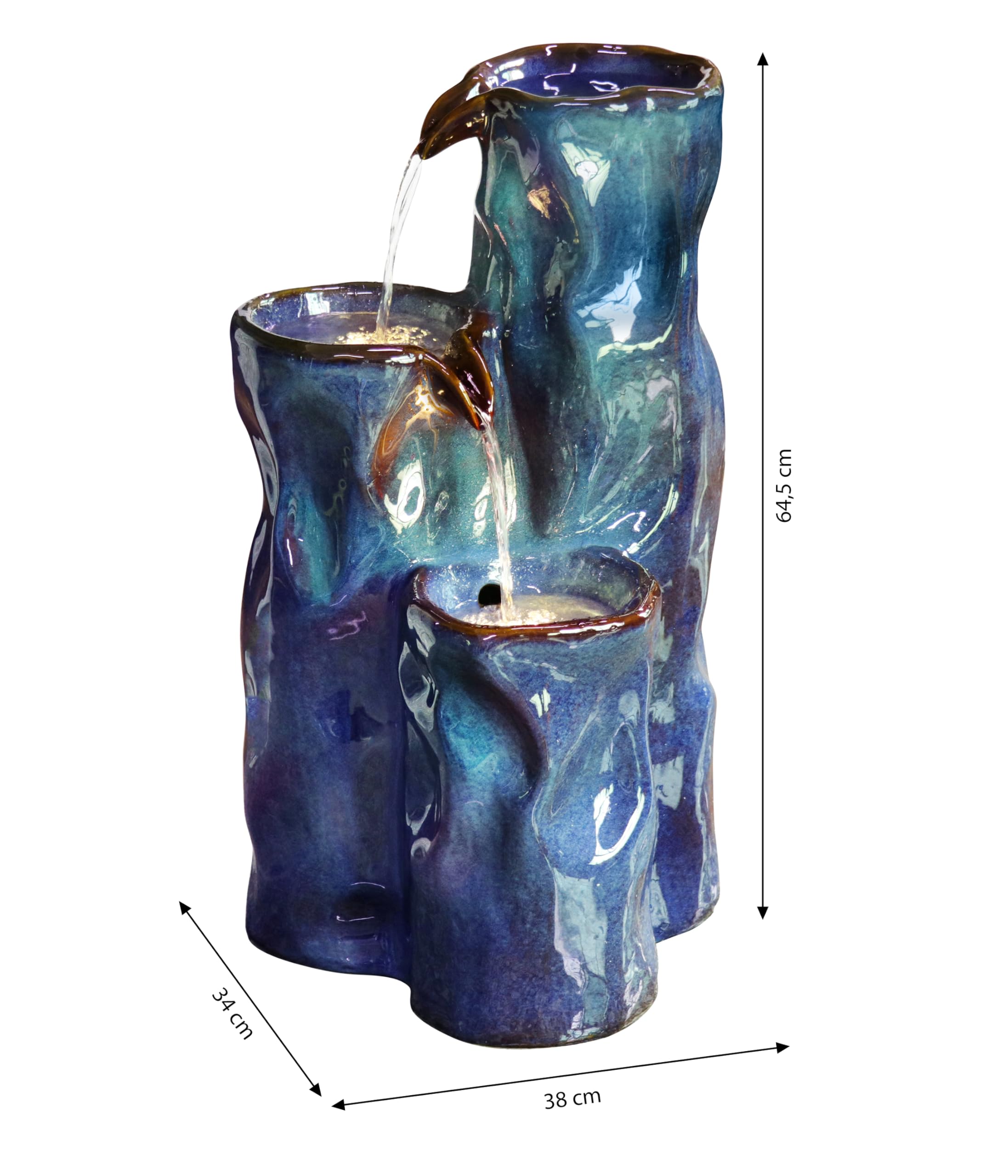Dehner Gartenbrunnen Corso, mit LED Beleuchtung, frostbeständig, solarfähiger Brunnen für Außen, 38 x 34 x 64.5 cm, Keramik, blau
