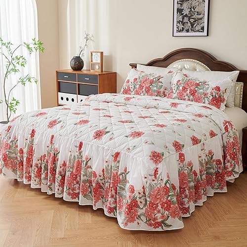 EVENHUG Falda de cama 100% algodón, tamaño matrimonial, con volantes, color rosa, floral, con 2 fundas de almohada de 20 pulgadas, falda de cama de