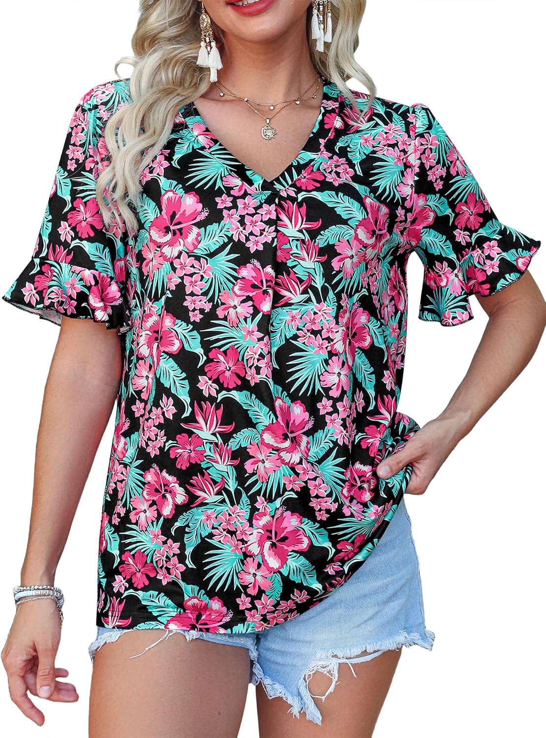 Womens V Neck Hawaiian Shirts Floral Printed Ruffle Short Sleeve Summer Casual T-Shirt Trendy Beach Blouses Tops - Image 5