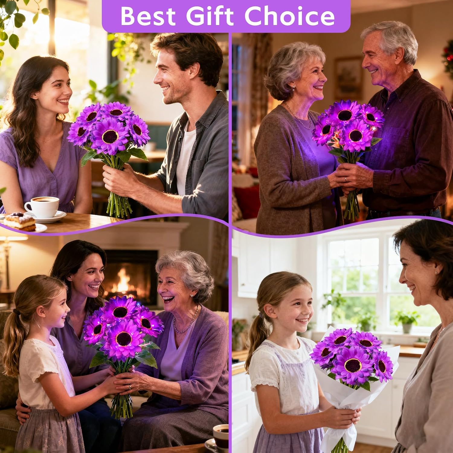 Solar Sunflower Lights Outdoor Garden Decor, 6 Pack Solar Purple Flowers Lights with 18 Sunflowers, Waterproof Fall Decor Stake Decorative Light Auto ON/Off for Garden Yard Patio, Gift for Women