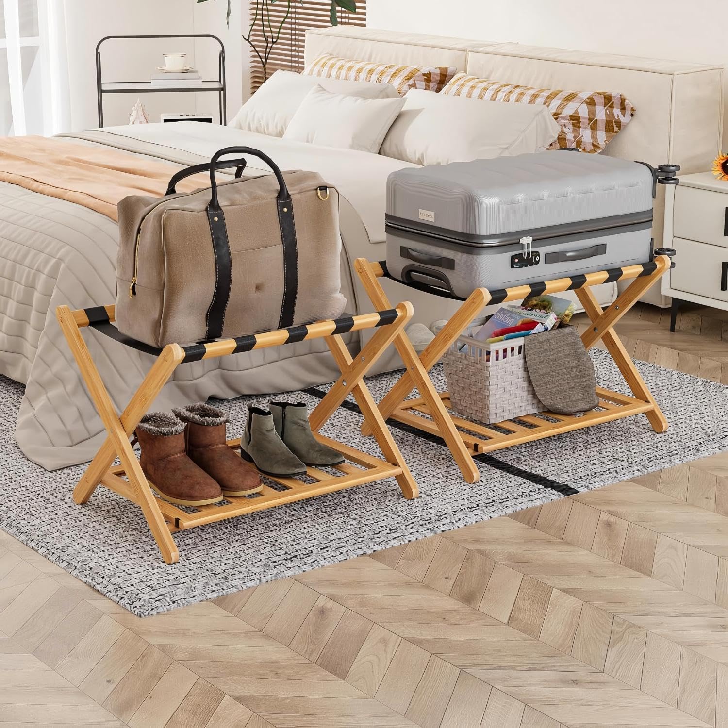 Fully Assembled Luggage Racks Pack of 2, Folding Suitcase Stand with Storage Shelf, Bamboo Luggage Stand with 5 Nylon Straps for Guest Room, Bedroom, Heavy Duty, Natural