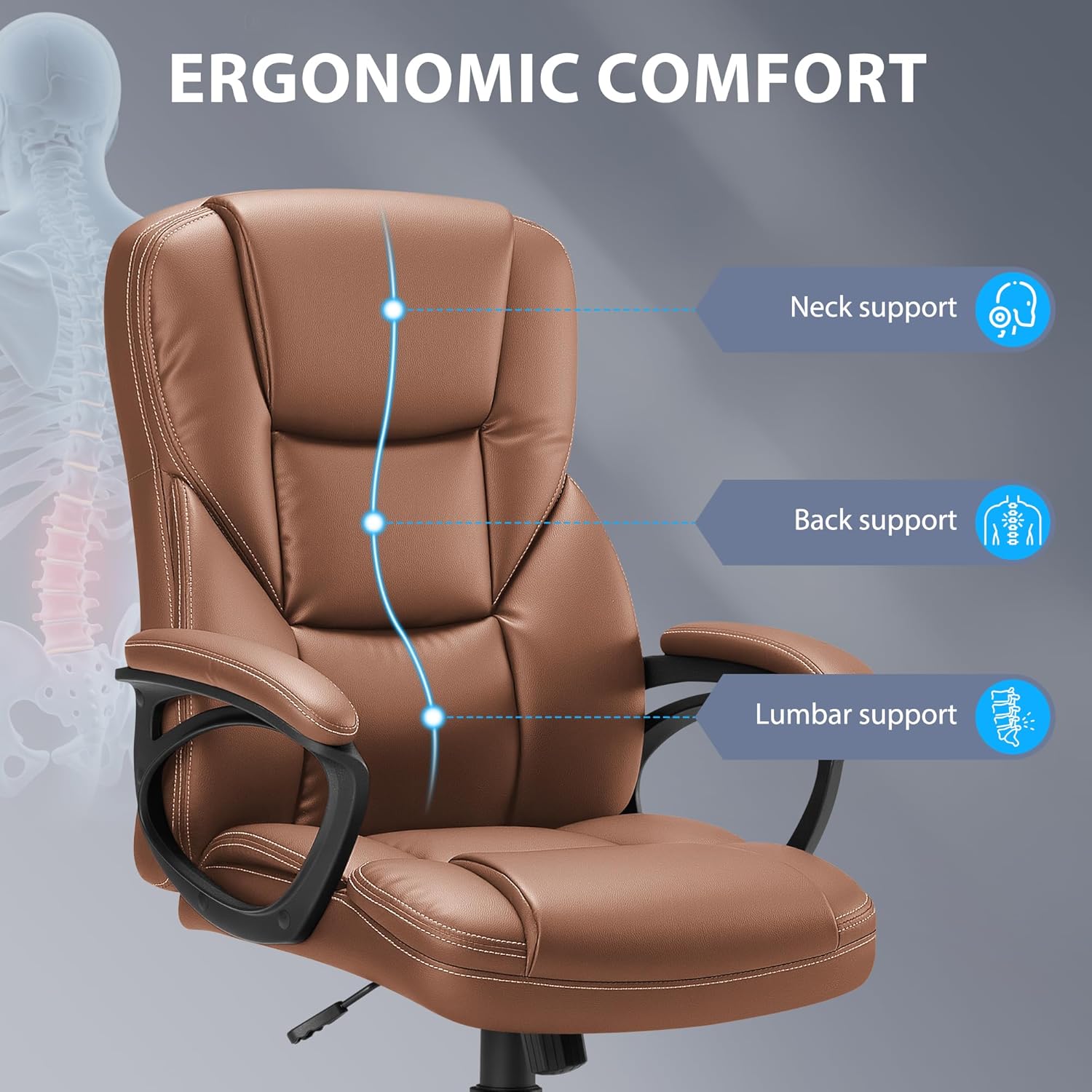 Shahoo Ergonomic Office Chair Executive PU Leather Chair with Comfortable Head Rest, Thickened Cushioned Armrest and Lumbar Support for Office & Home, Light Brown