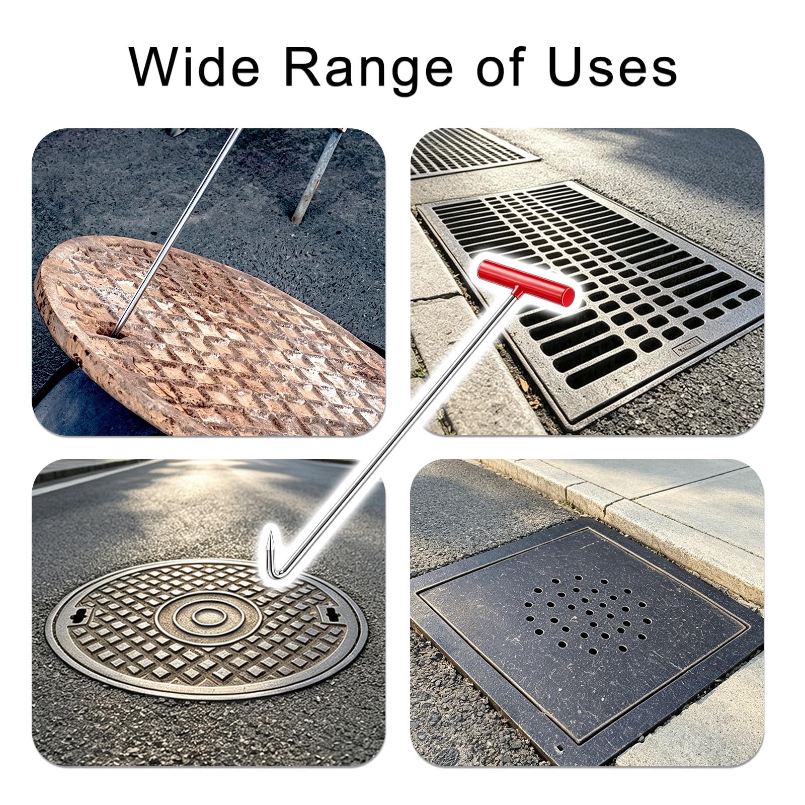 Gancho en J Puntiagudo con Mango en T de Goma, 30 3/4 Pulgadas | Gancho de alcantarilla de acero inoxidable, eje de 3/8 pulg., punta puntiaguda(4pcs)