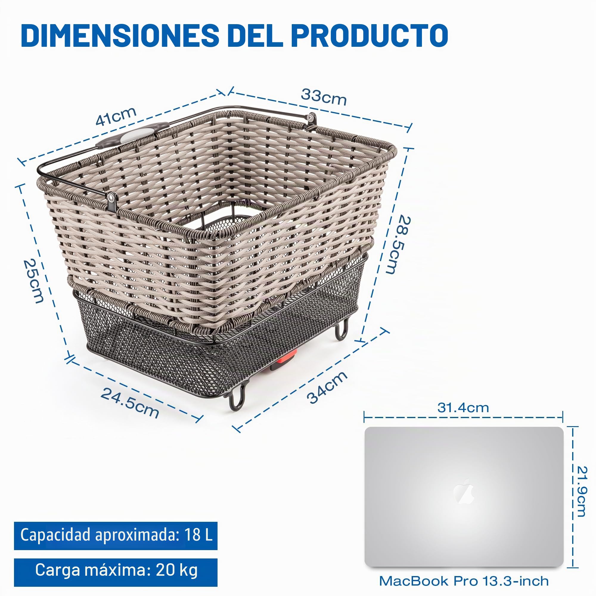 Cesta Trasera para Bicicleta – Gran Cesta Trasera con Cierre rápido, Red para Equipaje y Funda Impermeable, Cesta Tejida a Mano con Gran Capacidad