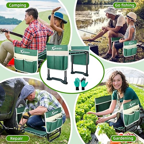 Miniatura 6 de Taburete de jardín y asiento de jardín resistente con asas, banco de asiento viene con bolsa de herramientas y guantes, regalos de jardinería para