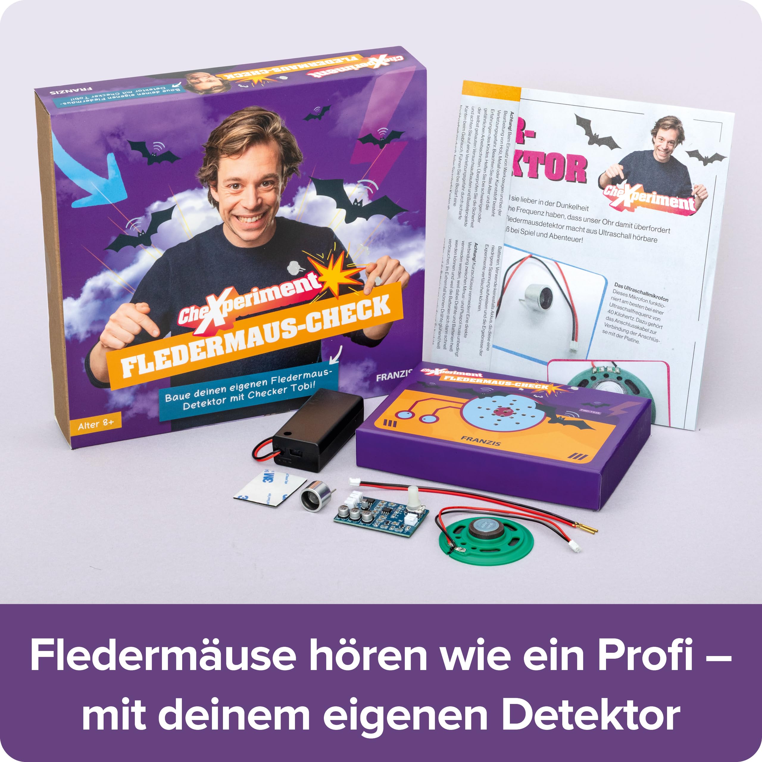 FRANZIS 67248 - CheXperiment Fledermaus Check, Baue mit Checker Tobi deinen eigenen Fledermausdetektor! Set mit Gehäusebox, Lautsprecher, Ultraschallsensor, Anleitung und weiterem Zubehör, ab 8 Jahren