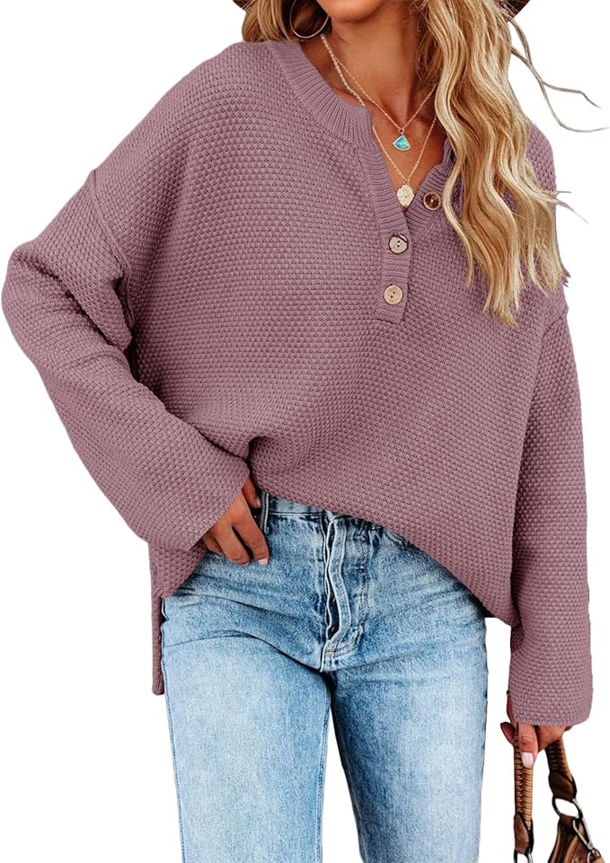 Saodimallsu Women's Oversized Sweaters Batwing Long Sleeve Loose V Neck Button Henley Tops Pullover Knit Jumper