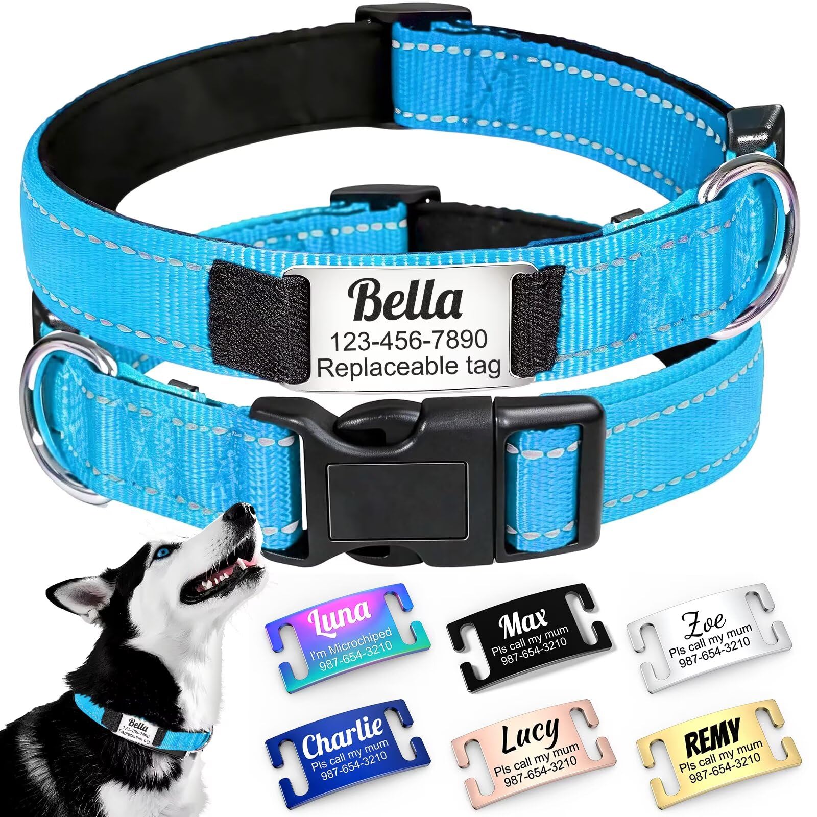 Collar Personalizado para Perro - Ajustable y Reflectante, en Nylon Sólido con Grabado Láser Nombre Dirección Teléfono, Adecuado para Perros y Gatos de Pequeño, Mediano y Gran Tamaño
