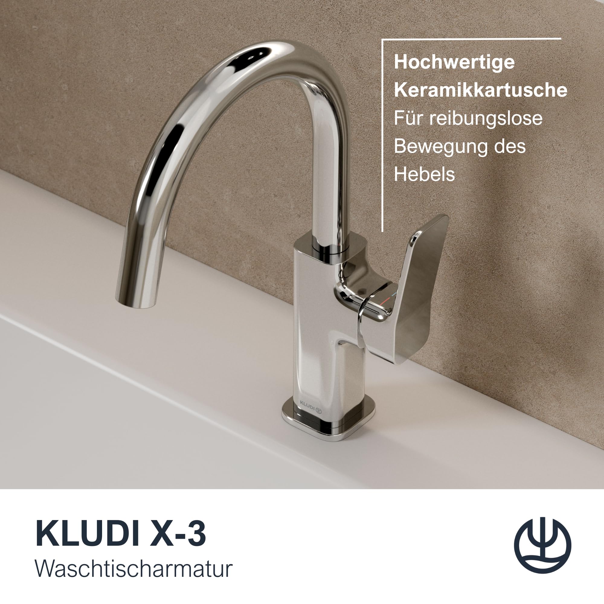 KLUDI-X3 Wasserhahn Bad mit Push-Open Ablaufgarnitur, 360° schwenkbar, Auslaufhöhe 180 mm, wassersparende Waschtscharmatur Bad Größe L, Mischbatterie Waschbecken inkl. Anschlussschläuche in Chrom