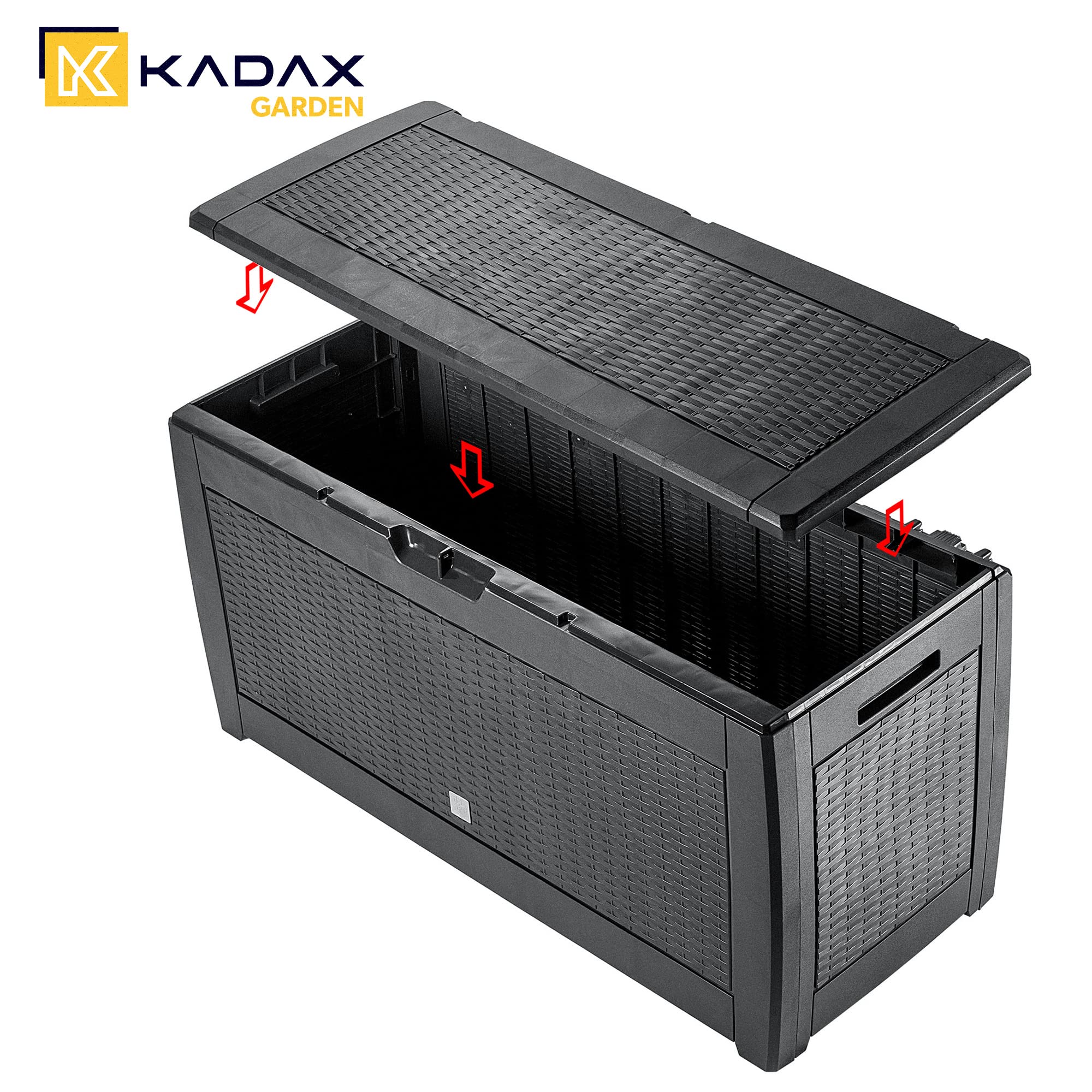KADAX Skrzynia ogrodowa 310 l, 119x48x60 cm, antracyt, odporna na pogodę, na poduszki, zabawki i podkładki na siedziska, porządek na tarasie i w ogrodzie