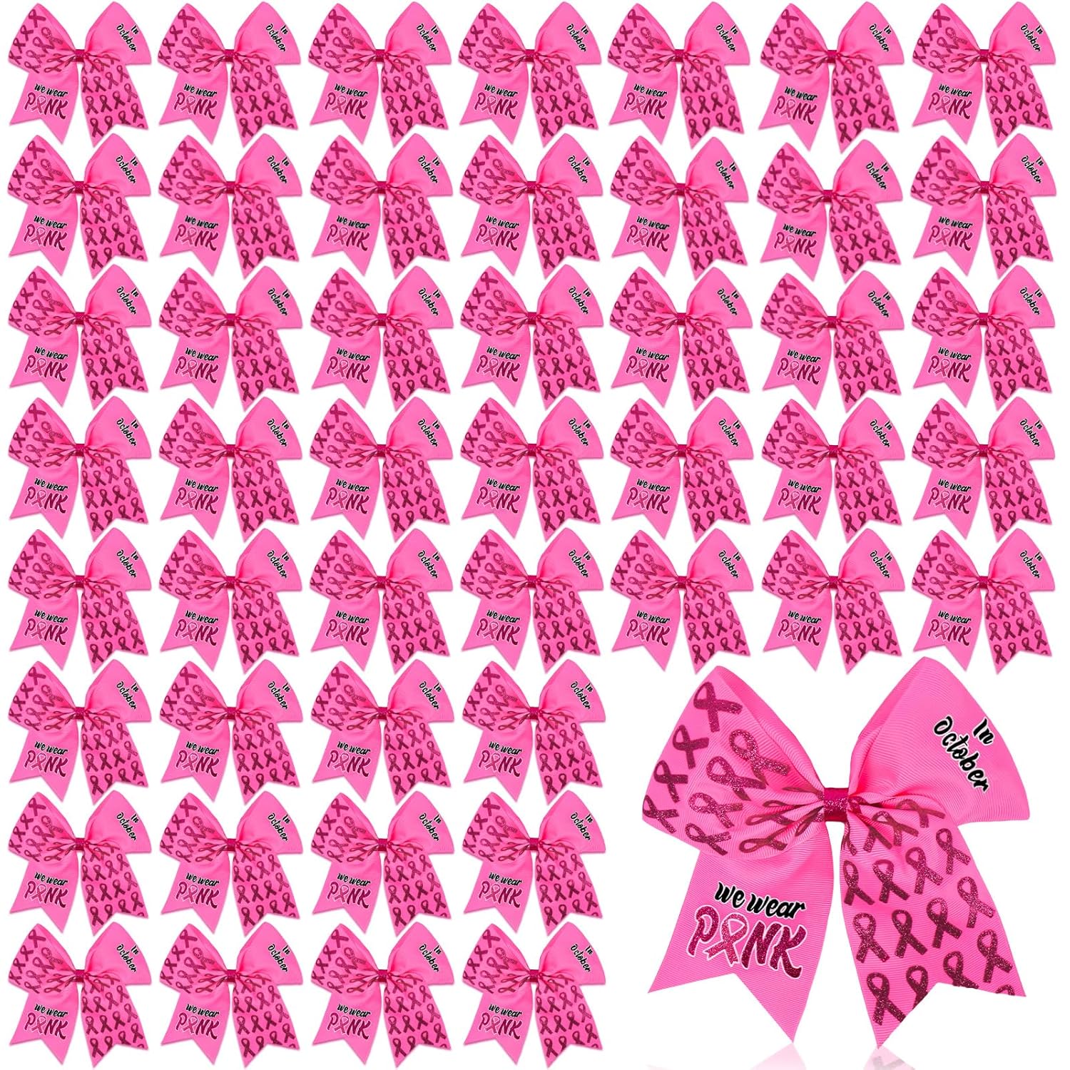 48Pcs Breast Cancer Awareness Cheer Bows 7 Inches Pink Breast Cancer Bows Large Glitter Pink Hair Bow for Teens Women Cheerleading Public Charity 48 Breast CancerBow