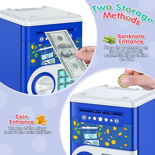 Miniatura 10 de Alcancía azul para niños, banco electrónico de monedas, tarro de dinero seguro para niños de 4 7 8 9 10 11 años con bloqueo de código de contraseña