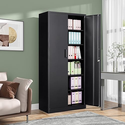 Miniatura 2 de Armario de almacenamiento de metal para garaje con 2 puertas y 5 estantes ajustables, gabinete de despensa de 71 pulgadas, gabinete de