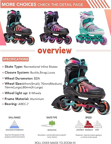 Miniatura 6 de Patines en línea para niñas, niños y niños de 4 a 12 años, patines ajustables con luces para jóvenes y adolescentes de 8 a 12 años, cuchillas para