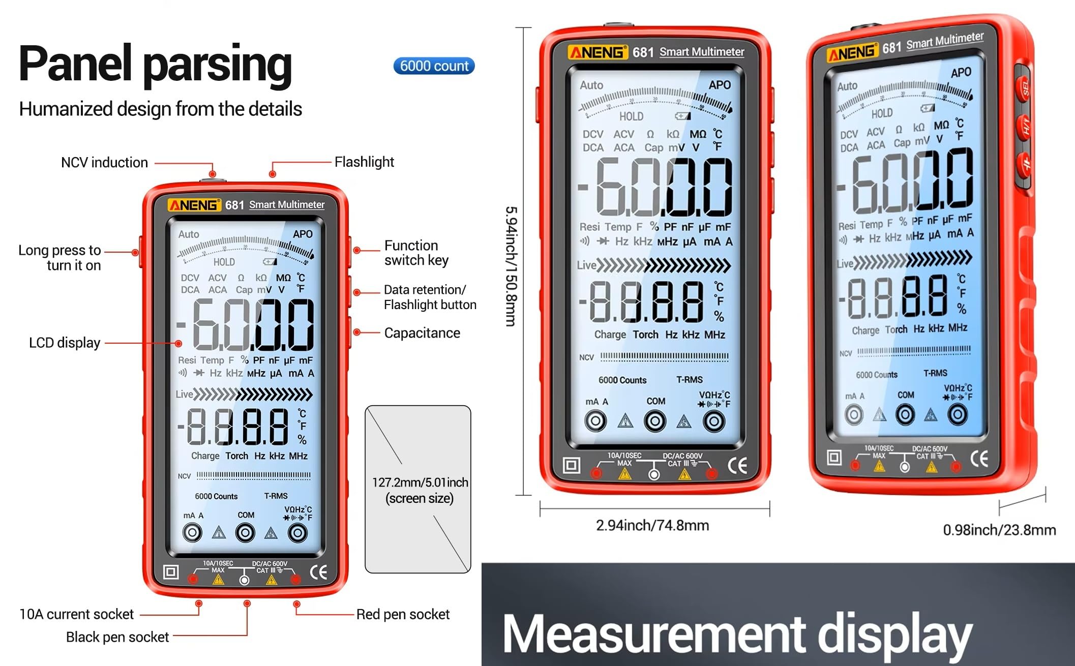 Multimetro digitale professionale ricaricabile 681 - Tester di scansione automatica RMS 6000 Count con rilevamento della tensione senza contatto, schermo LCD retroilluminato e torcia elettrica
