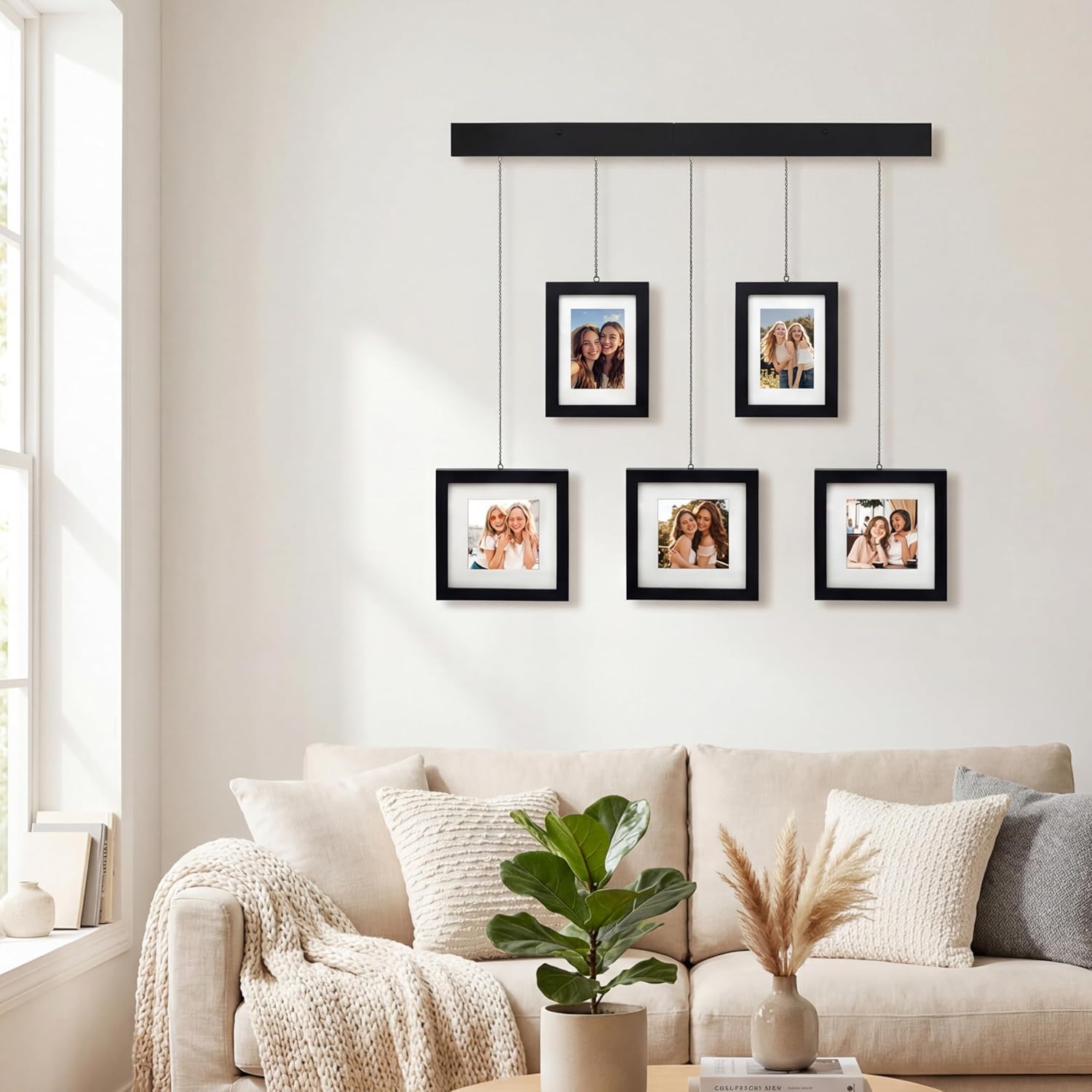 Solid Wood Collage Picture Frame Set of 5, Black Gallery Wall Hanging Frames with Adjustable Metal Chains, Displays Two 5x7 and Three 7x7 Photos,Ideal for Living Room, Office and Home Decor