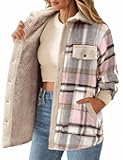 Womens Flannel Jacket Fleece Lined Shacket Fall Outfits Plaid Sherpa Button Down Cozy Warm Winter Coat S-XXL