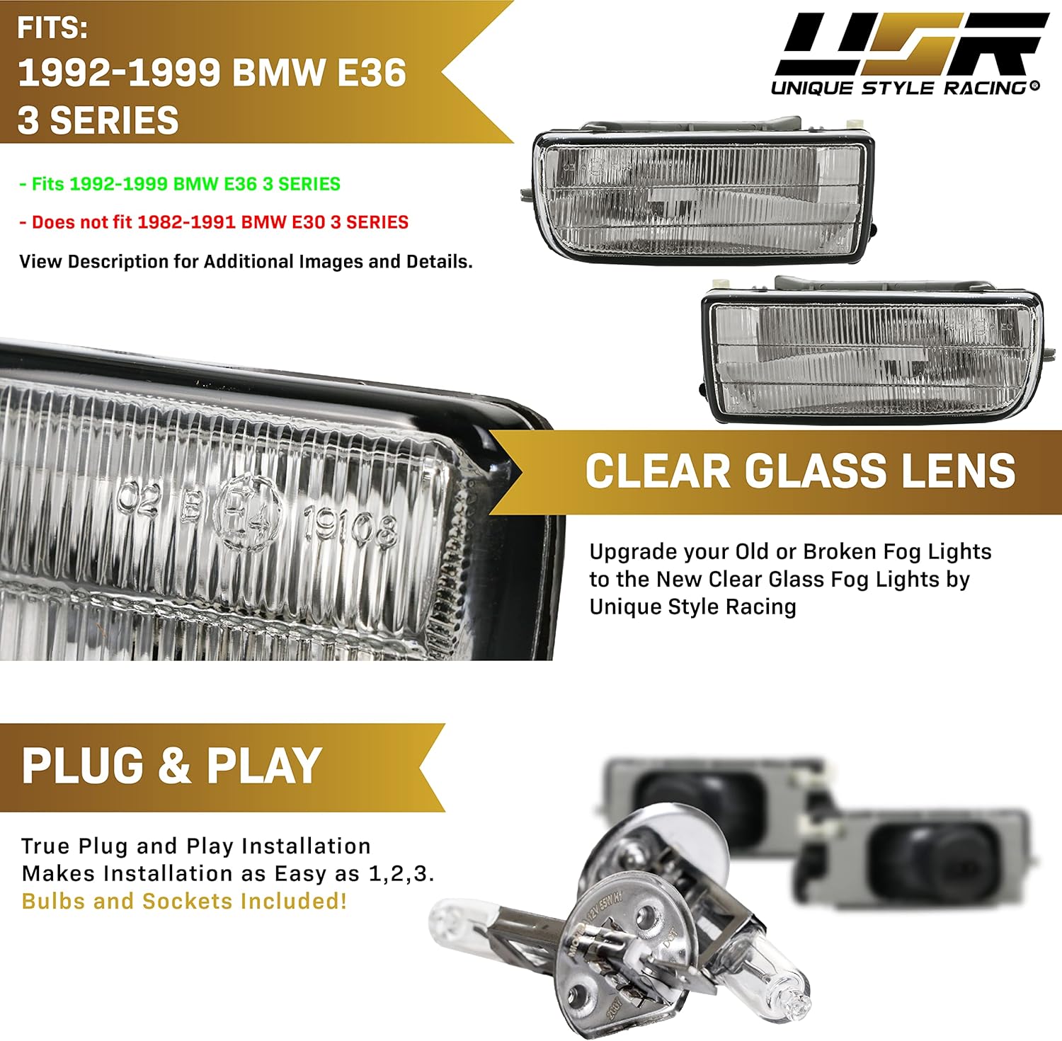 DEPO E36 Fog Lights - Stock Replacement Front Bumper Fog Lamps Assemblies Compatible with 1992-1999 BMW E36 3 Series 2D Coupe/Convertible/Hatchback/ 4D Sedan including M3 (Left + Right, w/ H1 Bulbs)