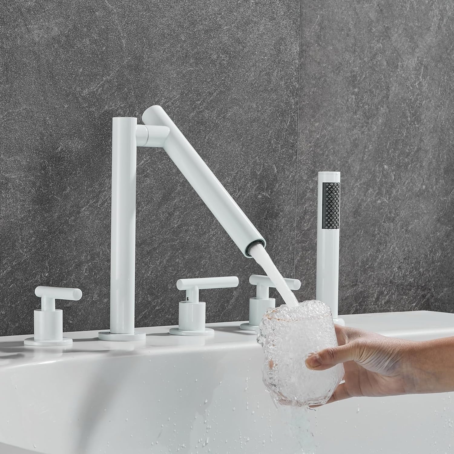 KUNYOS Shower Faucet 5-Hole Rim Bathtub Faucet Bathtub Faucet 360° Swivel Faucet Two-Handle with Hand Shower