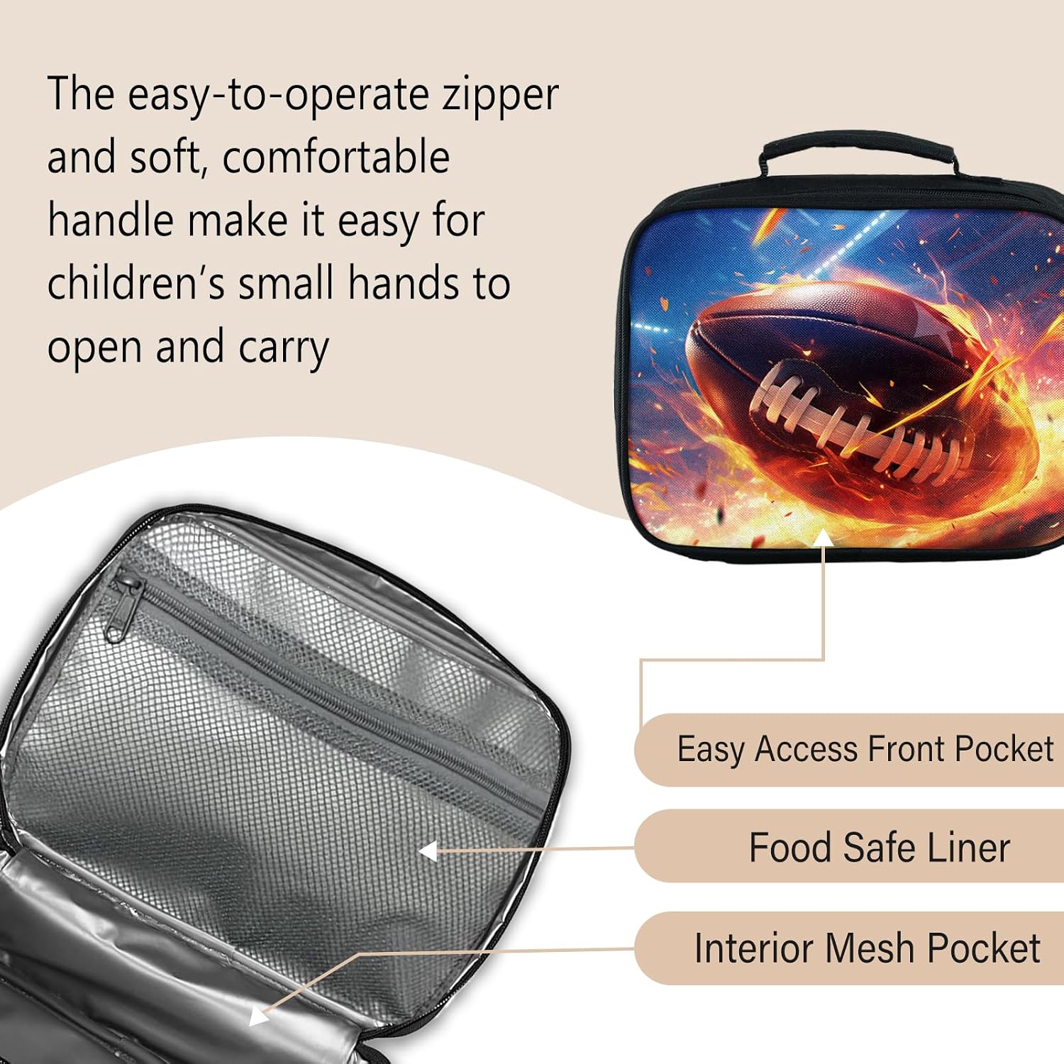 Football Lunch Box Kids Zippered Portable