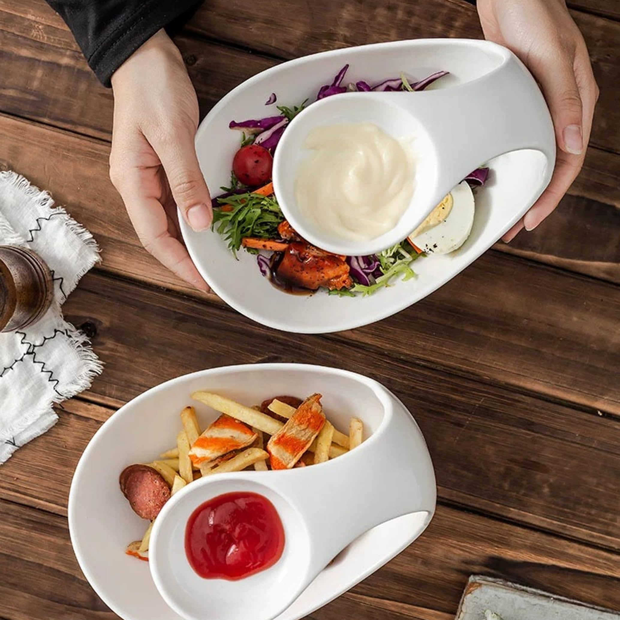 Juego para servir chips y salsas, tazón para de chips irregular blanco de 2 niveles