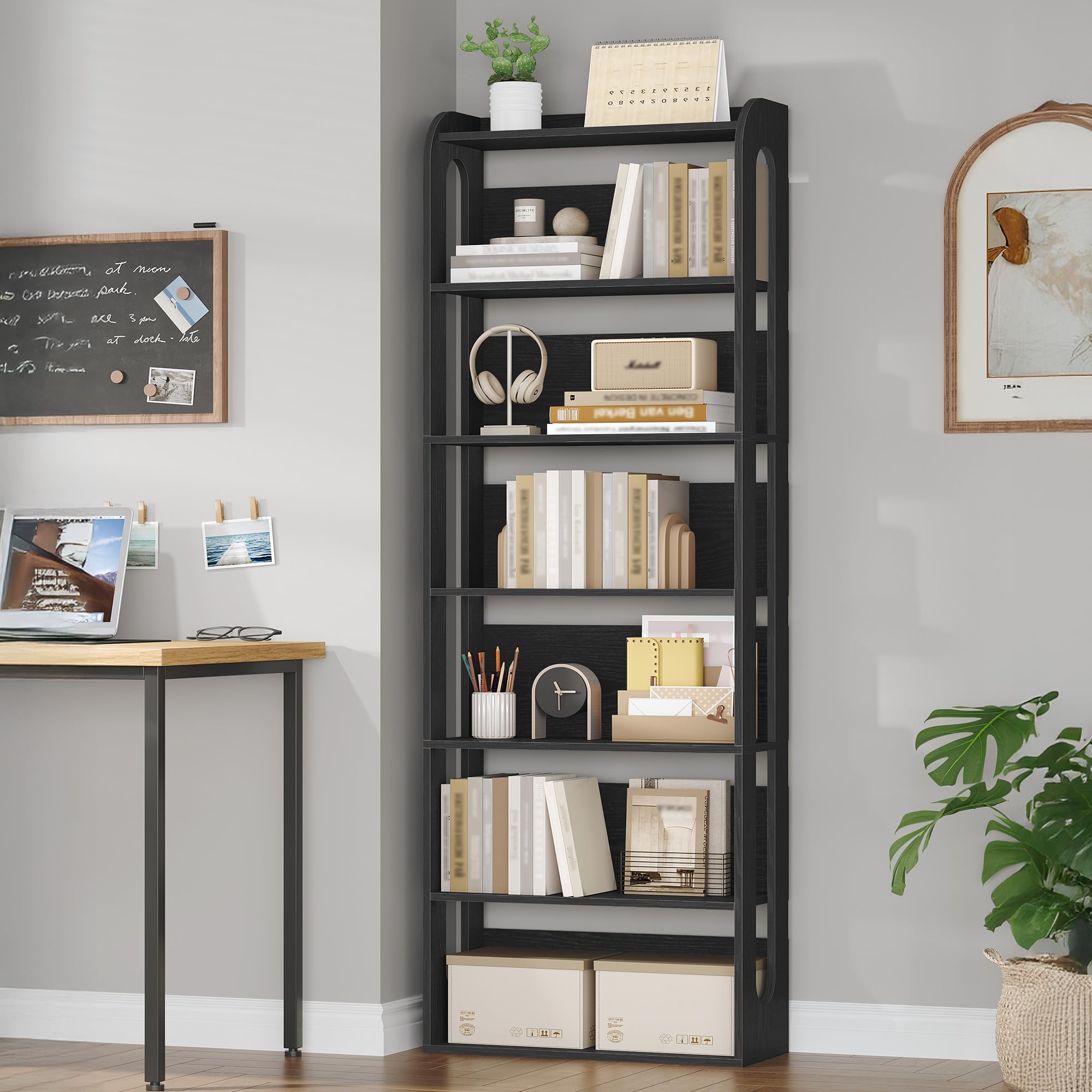 Hzuaneri Libreria a 7 Ripiani, Libreria Soggiorno Legno, Scaffale Portaoggetti Aperto, per Salón, Estudio, Oficin, Dormitorio, 24 x 60 x 182 cm, Nero BC70004X