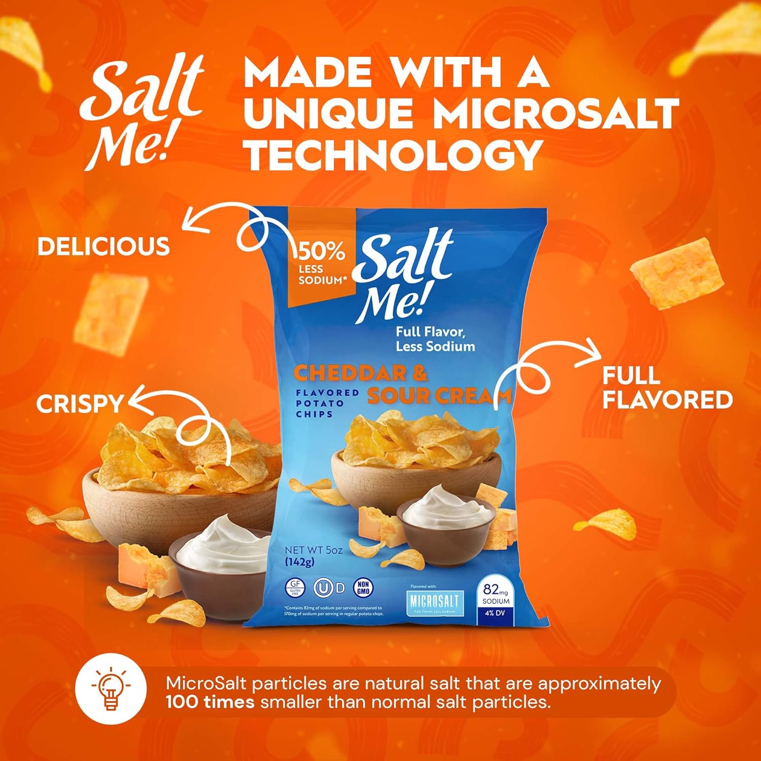 SaltMe! 4 flavor variety pack Potato Chips, 50% Low Salt, Kosher, Non-GMO, Better for You Chips, Original-BBQ-SC&Onion-Ched&Sour Cream 5 Ounces, Pack of 6