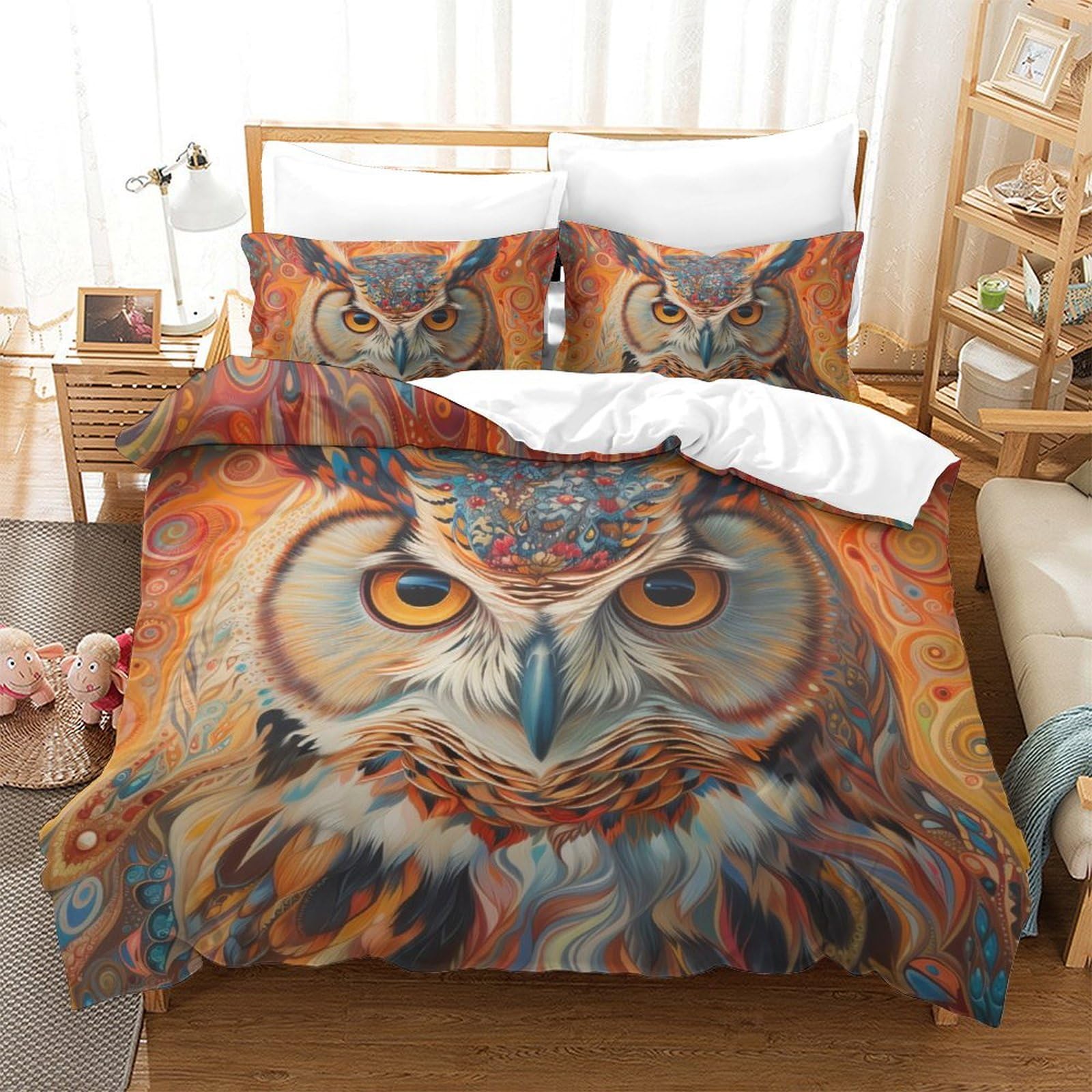 Housse de couette chouette 3 pièces microfibre 220x240cm pour lit double enfant