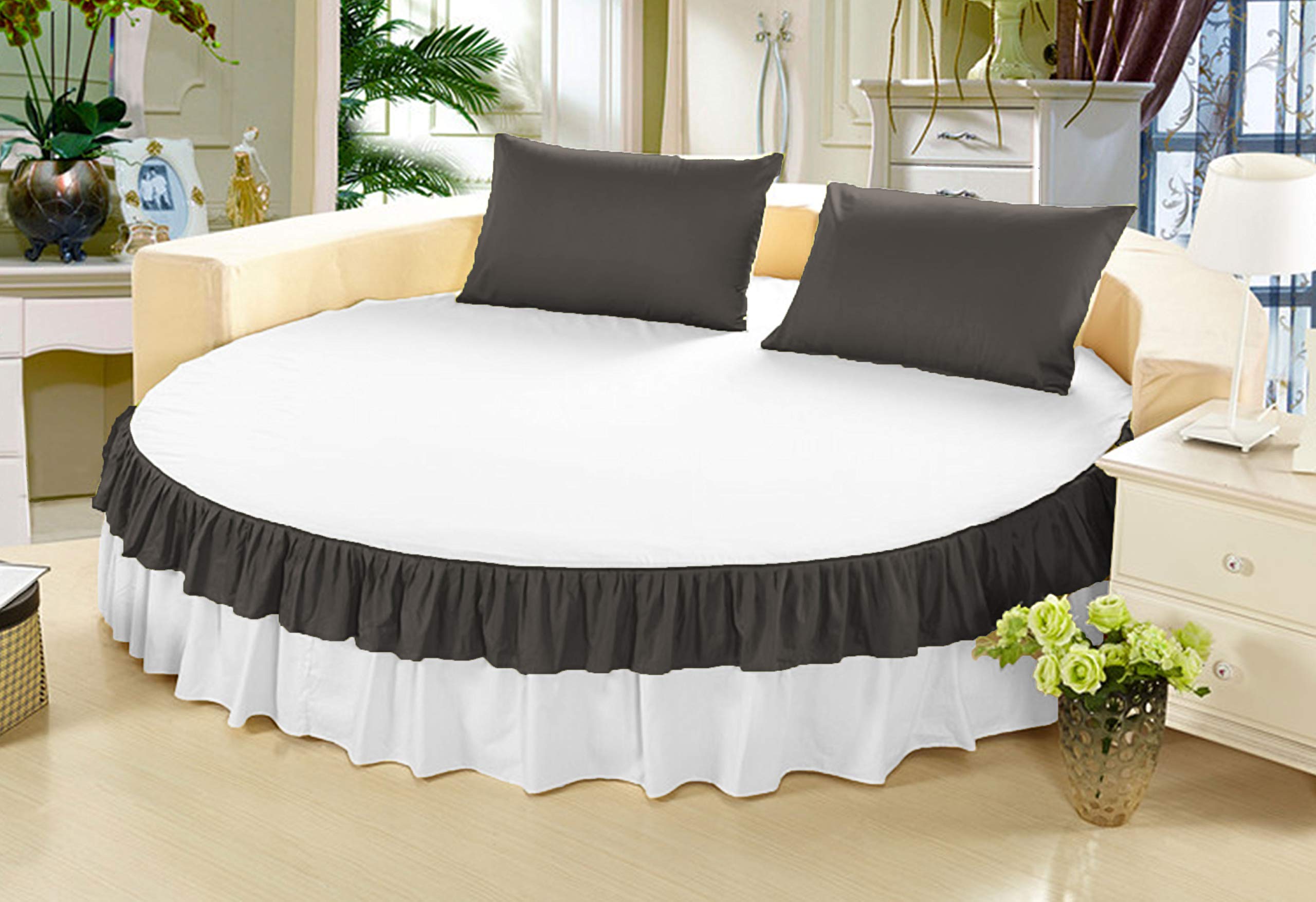 Cubrecanapé redondo bicolor de 600 hilos, falda de cama redonda con volantes de 15 pulgadas gris