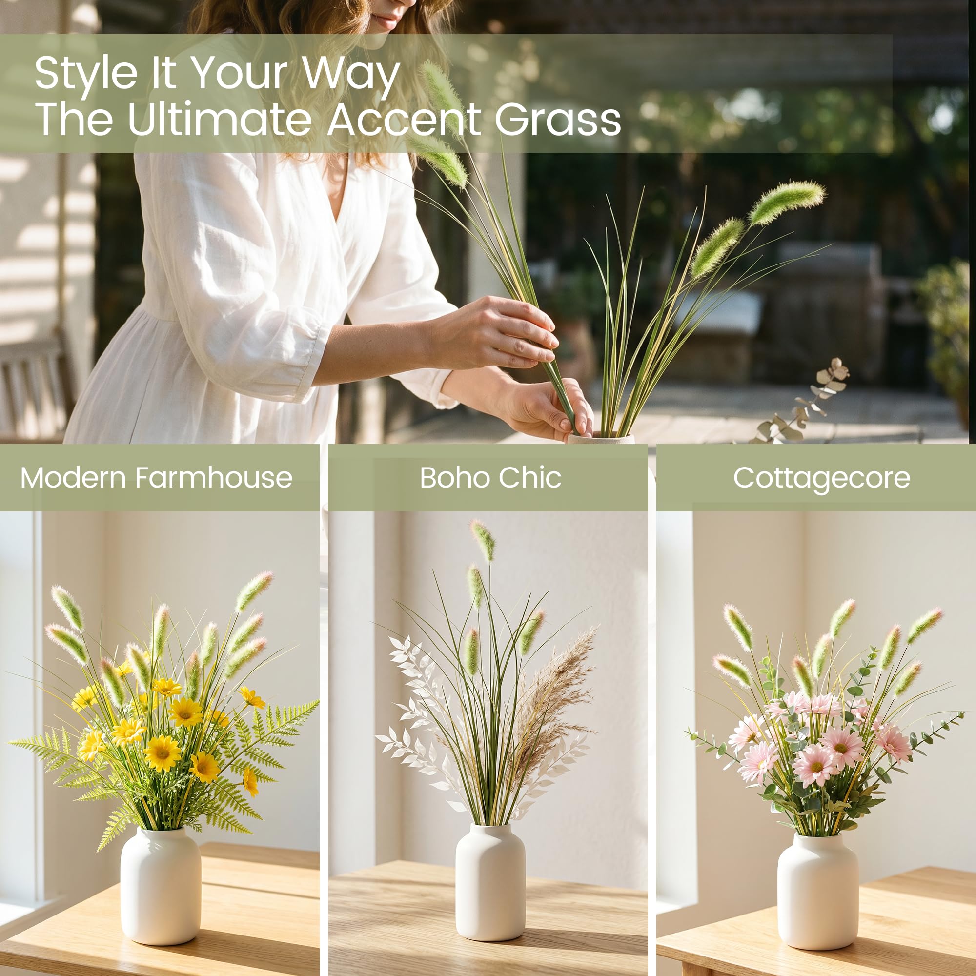 KOL Künstliche Hasenschwanz-Grasstiele, 45 cm, 48 Stück, künstliche getrocknete Hasenschwänze, gefälschtes Pampasgras für große Vasenfüller, Blumenarrangement, Boho-Event, Heimdekoration, drinnen und